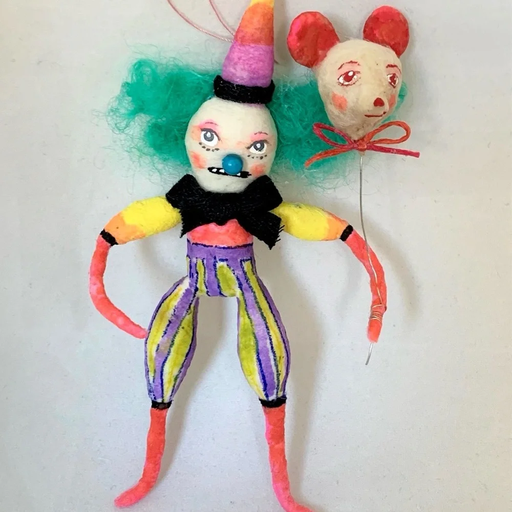 New Handmade HandPainted Clown wt balloon Spun Cotton Doll by Artist Maria Paula - Picture 8 of 13